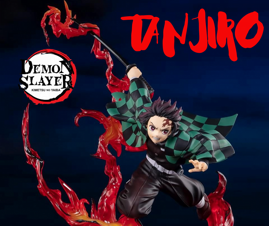 Figura de Tanjiro Kamado, protagonista de la popular serie de anime Demon Slayer. En España, Guardianes de la noche. Figura luchando, fondo azul oscuro con logo de la serie en la parte izquierda superior.