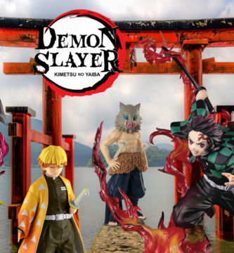 FIGURAS DEMON SLAYER, PORTADA CON FONDO DE AGUA Y FIGURAS DE LOS PRINCIPALES PERSONAJES DE LA SERIE DE ANIME DEMON SLAYER CON LOGO EN LA PARTE SUPERIOR IZQUIERDA