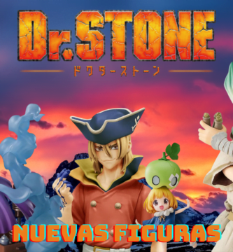 Portada Figuras Dr. Stone serie anime popular con fondo degradado de color morado y naranja y título en color naranja en la parte superior y figuras reales de los personajes de la serie
