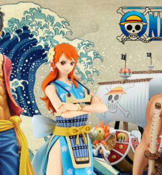 Figuras One Piece de la popular serie de anime y manga sobre fondo con ola gigante, figura del barco de la serie y logo en la parte superior derecha