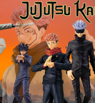 Figuras Jujutsu kaisen de la popular serie de anime y manga con logo de la mejor tienda de anime figuritasanime.com sobre fondo naranja y nombre en negro Jujutsu Kaisen con las figuras de los principales personajes